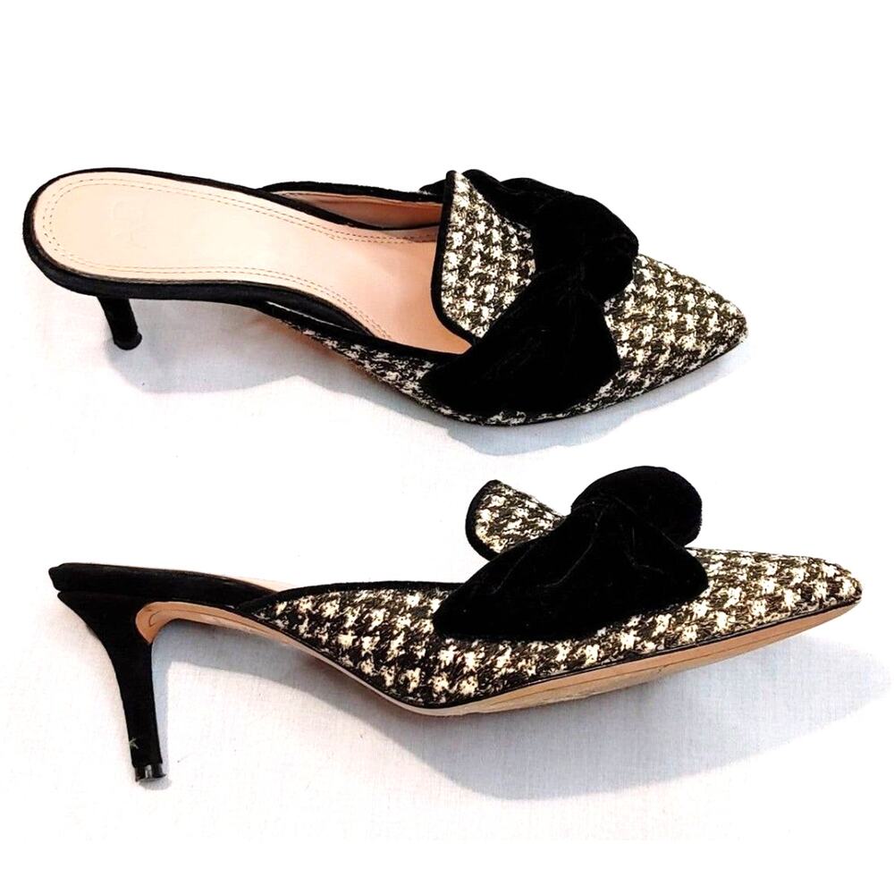 AD & Daughters Velvet Bow Calfskin Houndstooth Kitten Heel Mules Black White US7